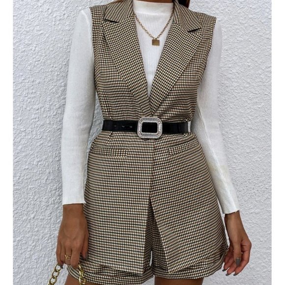 plaid single button waistcoat & shorts set classy chic business casual trending - Picture 7 of 7
